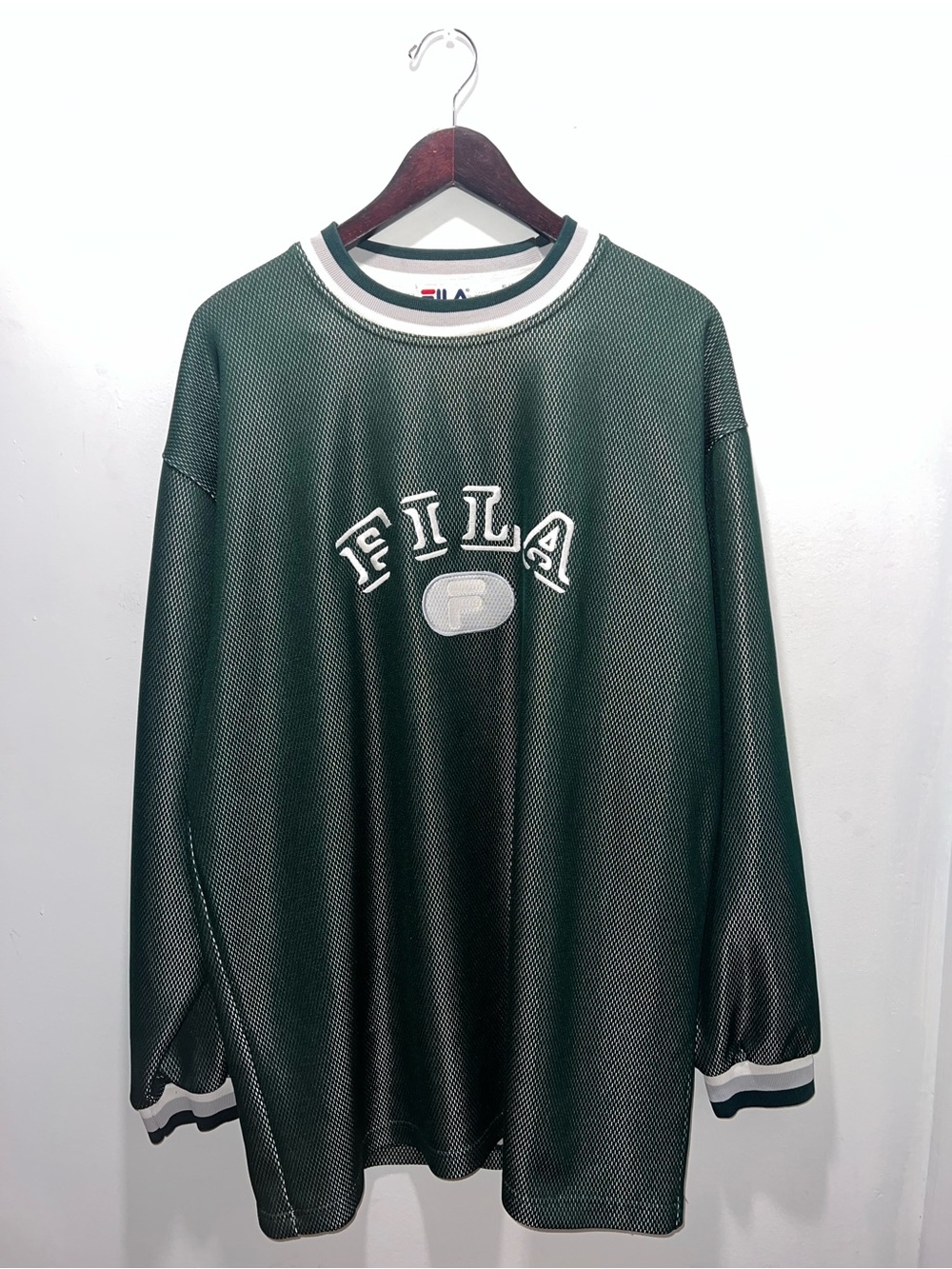 👕🌶 Vintage 90s Fila Spellout Embroidered Mesh Long Sleeve Jersey
